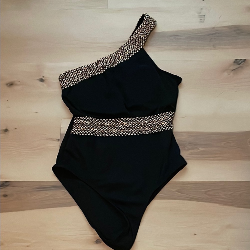 Black One-Shoulder Swimsuit with Gold Accents